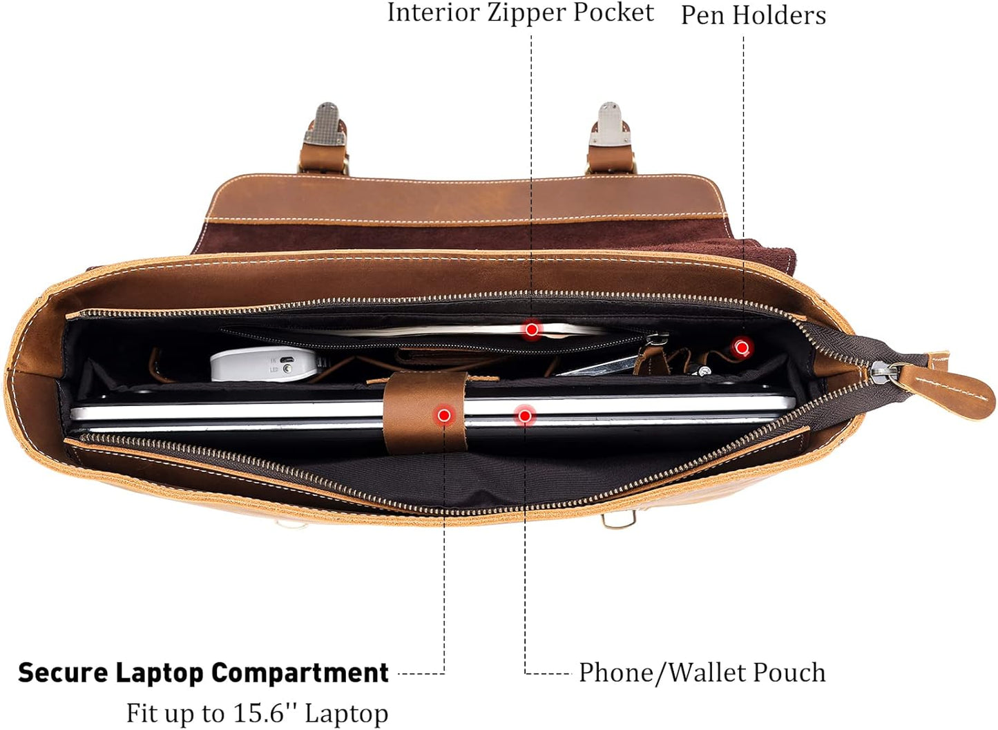 Polare Vintage Full Grain Leather Tote Briefcase Professional 16'' Laptop Shoulder Messenger Bag with YKK Metal Zippers (Light Brown)