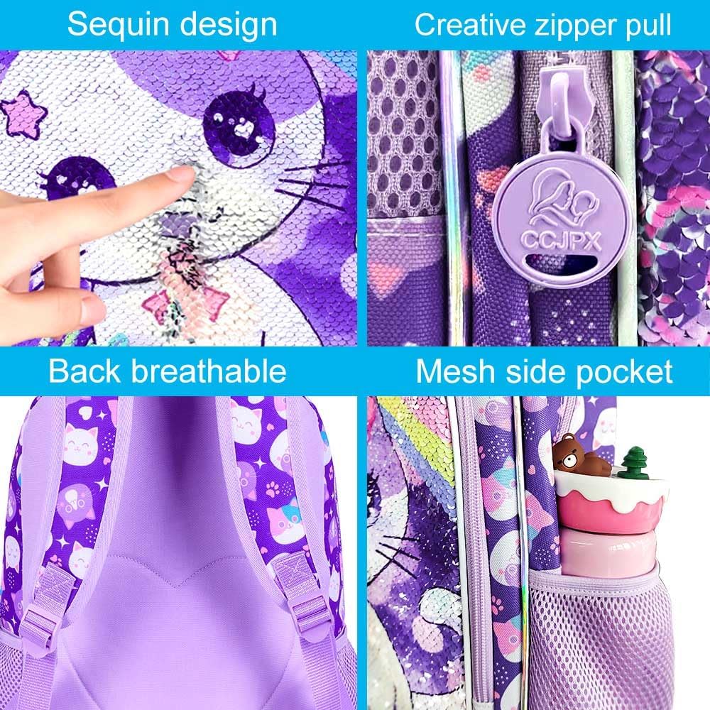 3PCS Girls Backpack, 16" Sequin Prechool Elementary Bookbag and Lunch Box