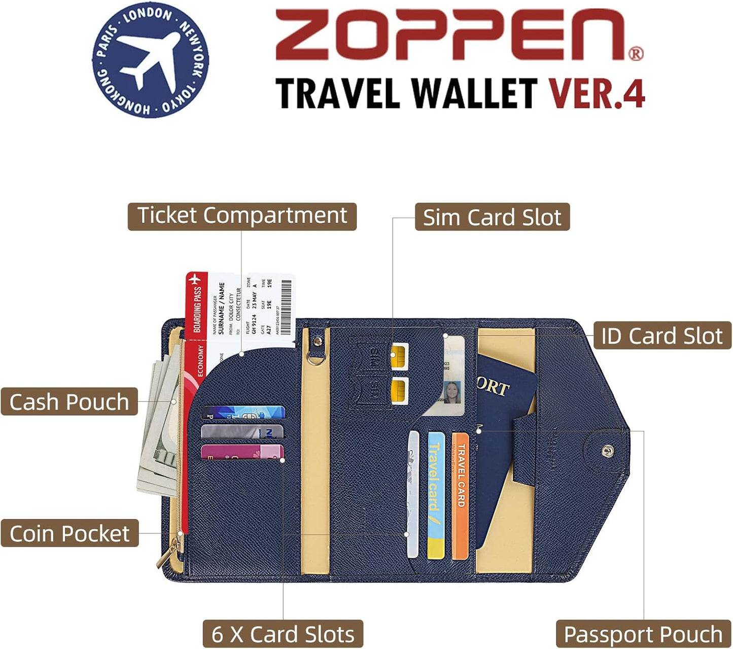 ZOPPEN Mulit-purpose Rfid Blocking Passport Holder Travel Wallet (Ver.4) Passport and Vaccine Card Holder ComboTri-fold Document Organizer Travel Essentials