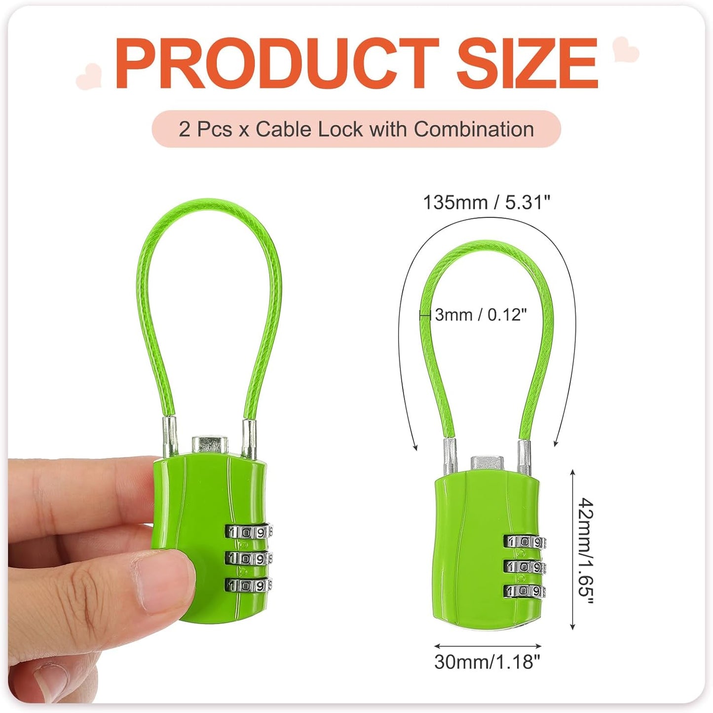MECCANIXITY 2 Pcs Luggage Travel Lock, 3 Digit Cable Combination Lock 1-3/16" Width Body with 5"