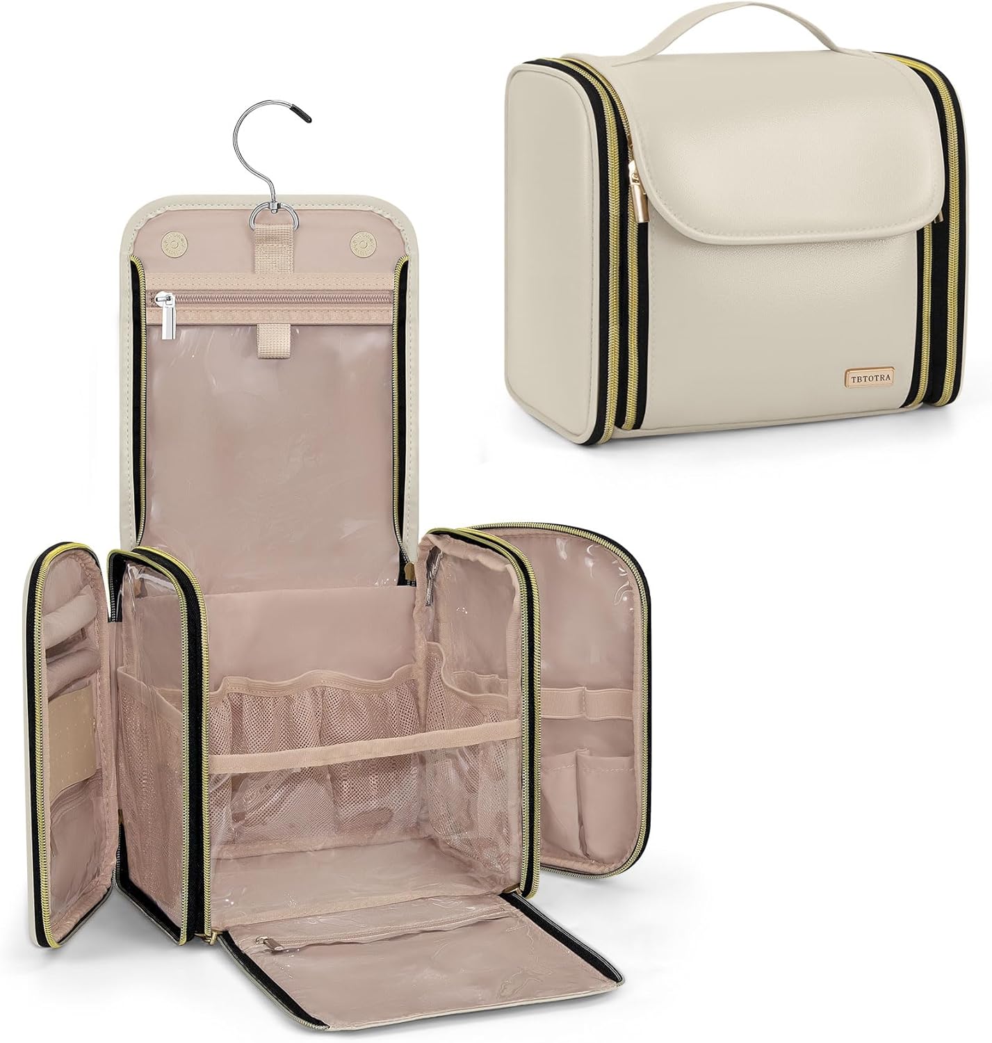 Hanging Toiletry Bag, PU Leather Makeup Bag Large Capacity with Jewelry Organizer for Brushes Set