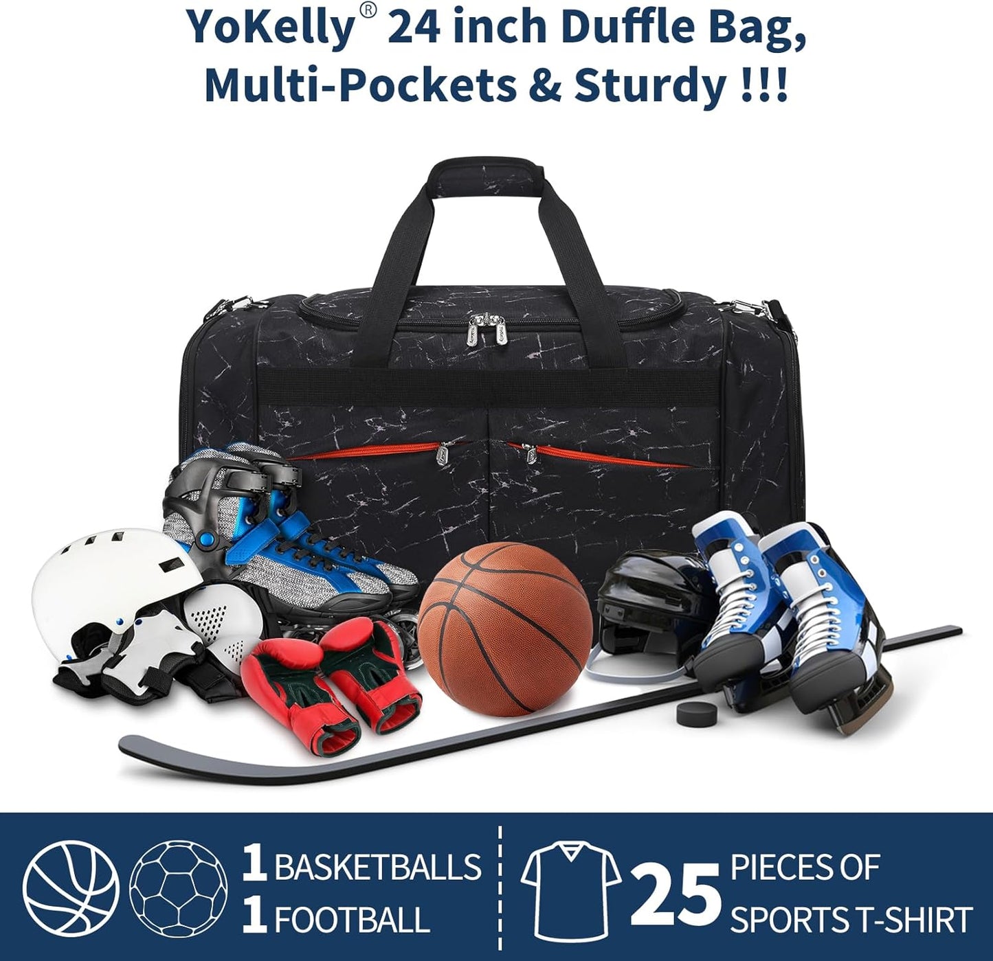 24 inch Large Gym Bag for Men - 65L Hard Bottom Duffle Bag with Shoes Compartment for Sport/Travel - Marble Black
