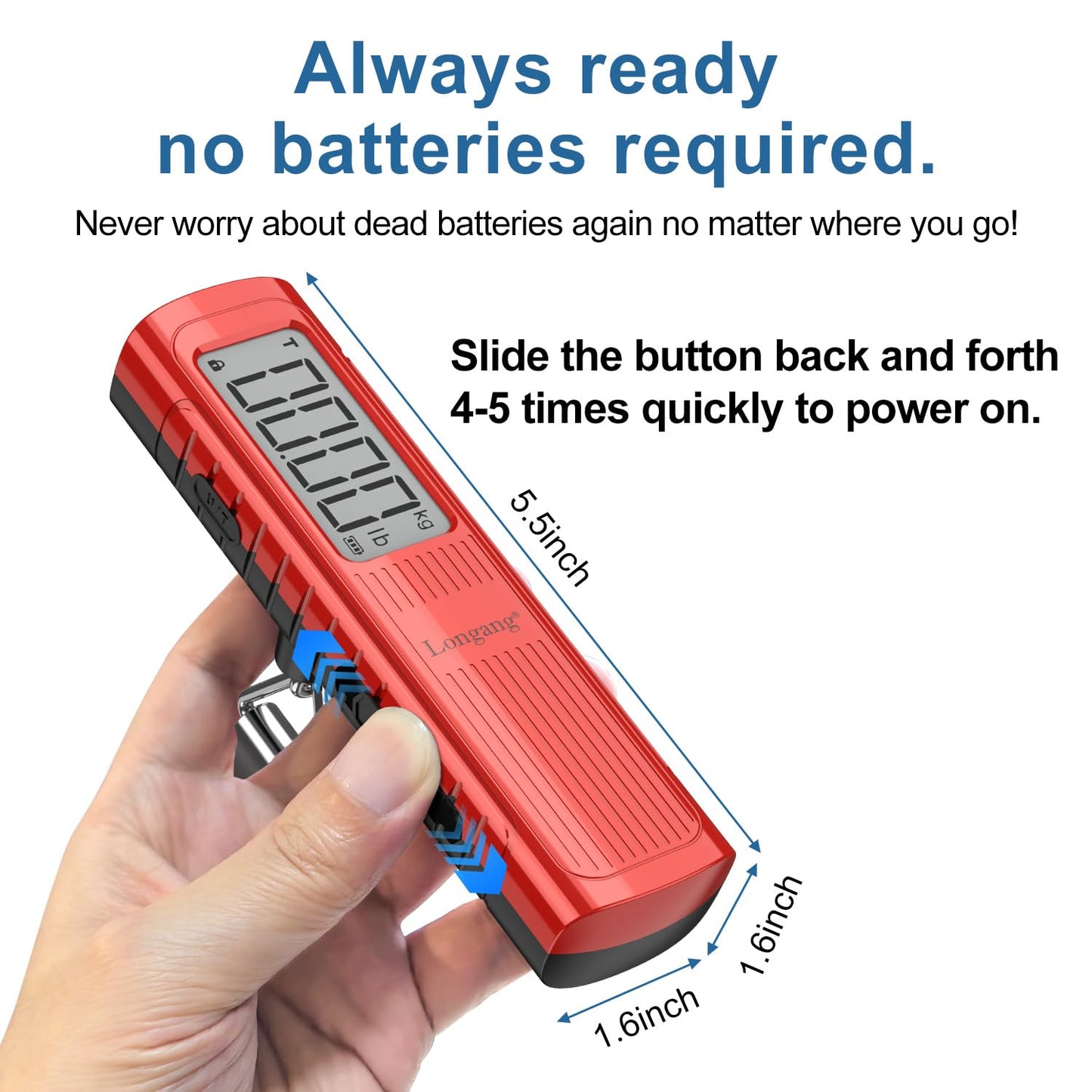 Battery-Free Digital Luggage Scale, 110lbs/50kg Portable Handheld Hanging Scale for Luggages, Suitcases, Backpacks & Bags, Easy Weighing for Travel, No Need Batteries (Red)