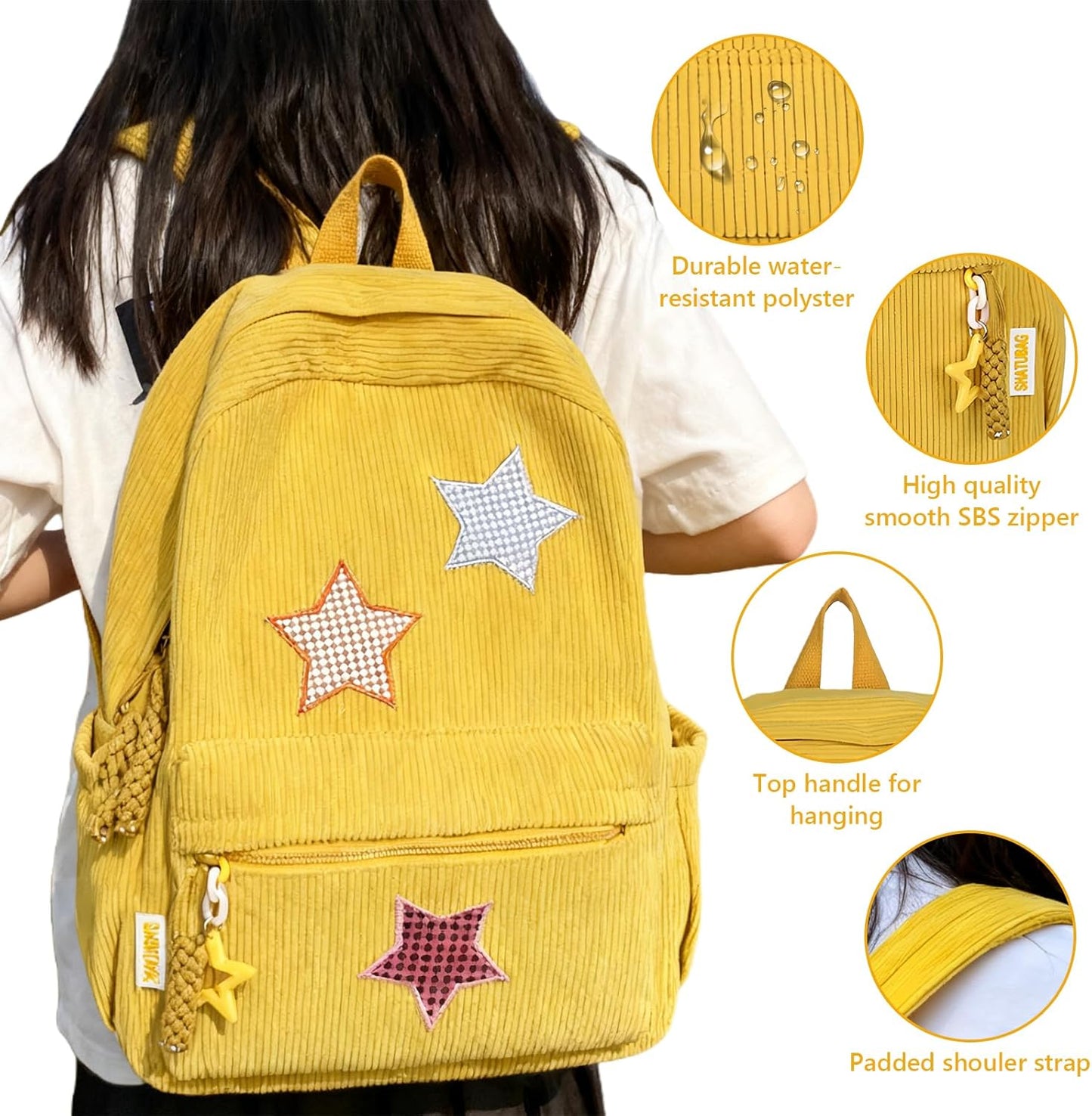 Corduroy Backpack with Star Pattern, Trendy and Versatile, Fits 14'' Laptop Large Capacity Daily Commute (Yellow)