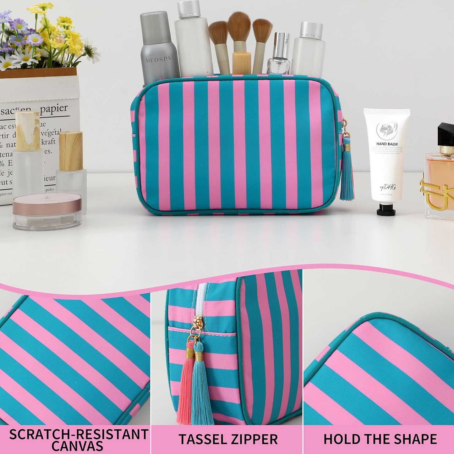 Stripe Makeup Bag Travel Cosmetic Bag Organizer Tassel Toiletry Bag Large Canvas Zipper Pouch and Accessories Storage Bag for Women