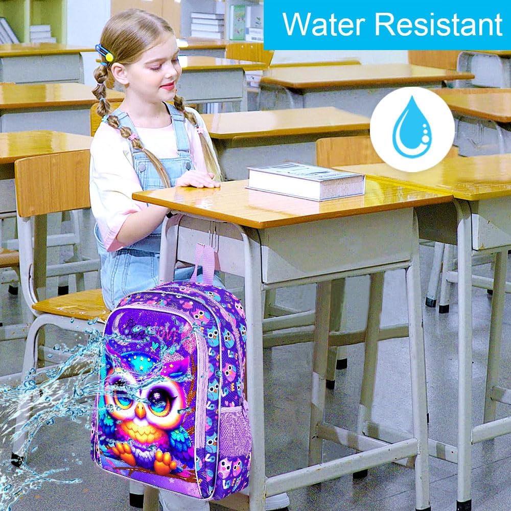 CCJPX 3PCS Kids Backpack for Girls, 16”Owl Bookbag with Lunch Box, Cute Water Resistant Elementary