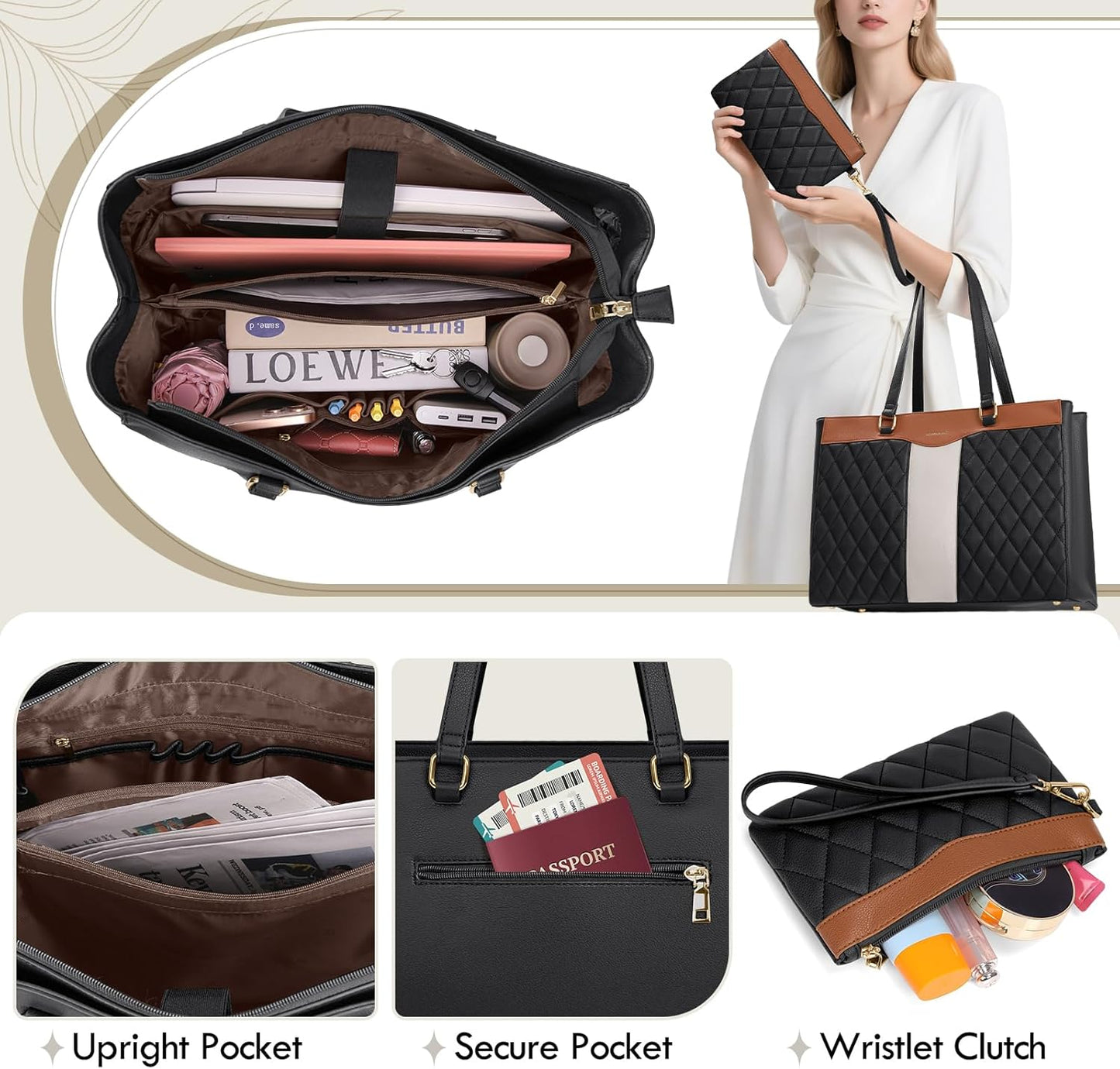 RAINSMORE Laptop Bag for Women 15.6 Inch Work Tote Bags Leather Laptop Tote Professional Laptop Purse Computer Handbag Womens Briefcase Tote with Clutch for Teacher Office Travel, Black Brown & White