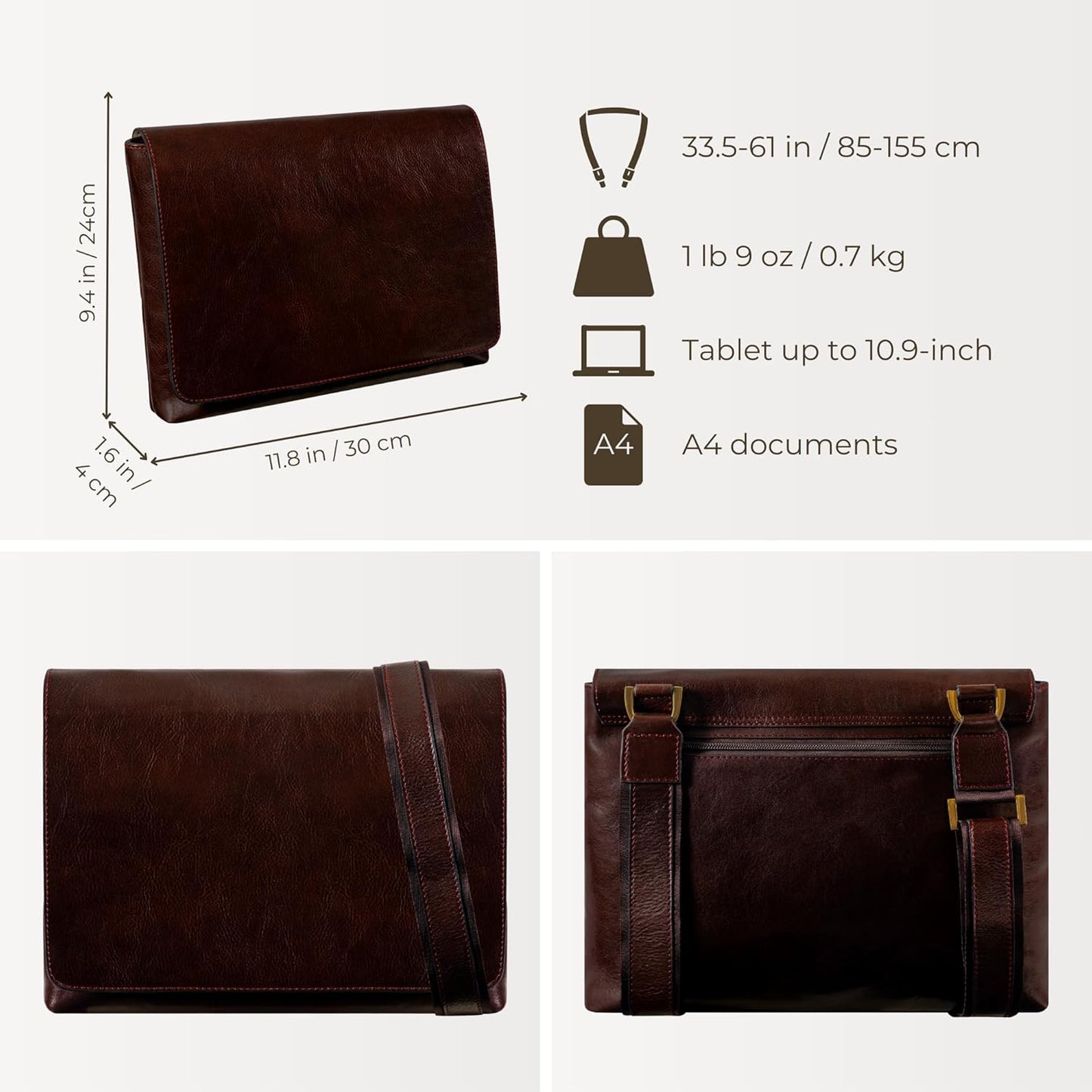 Time Resistance Leather Messenger Bag for Men - Crossbody Bag - Full Grain Leather - Tablet Sized Shoulder Bag