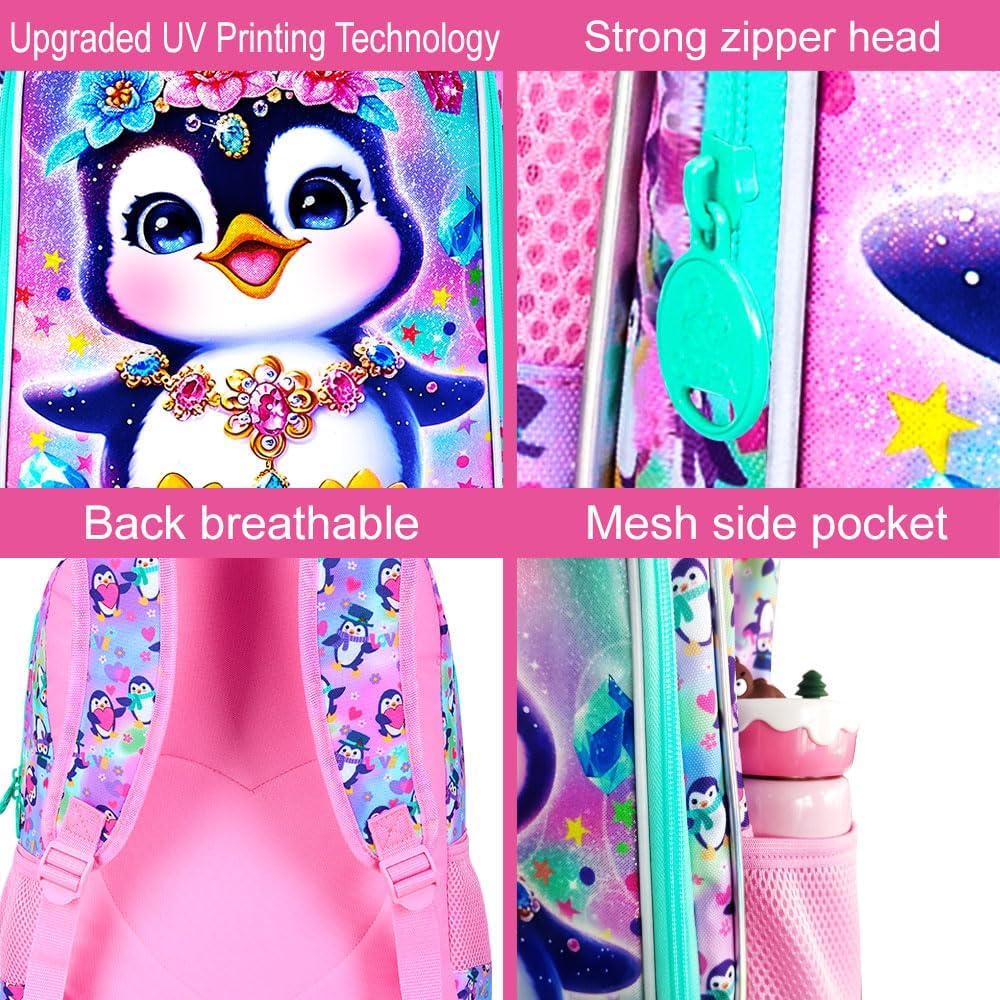 3Pcs Backpack for Girls, 16" Penguin Kids Bookbag for Elementary Preschool Kindergarten, School Backpacks with Lunch Box(Pink)