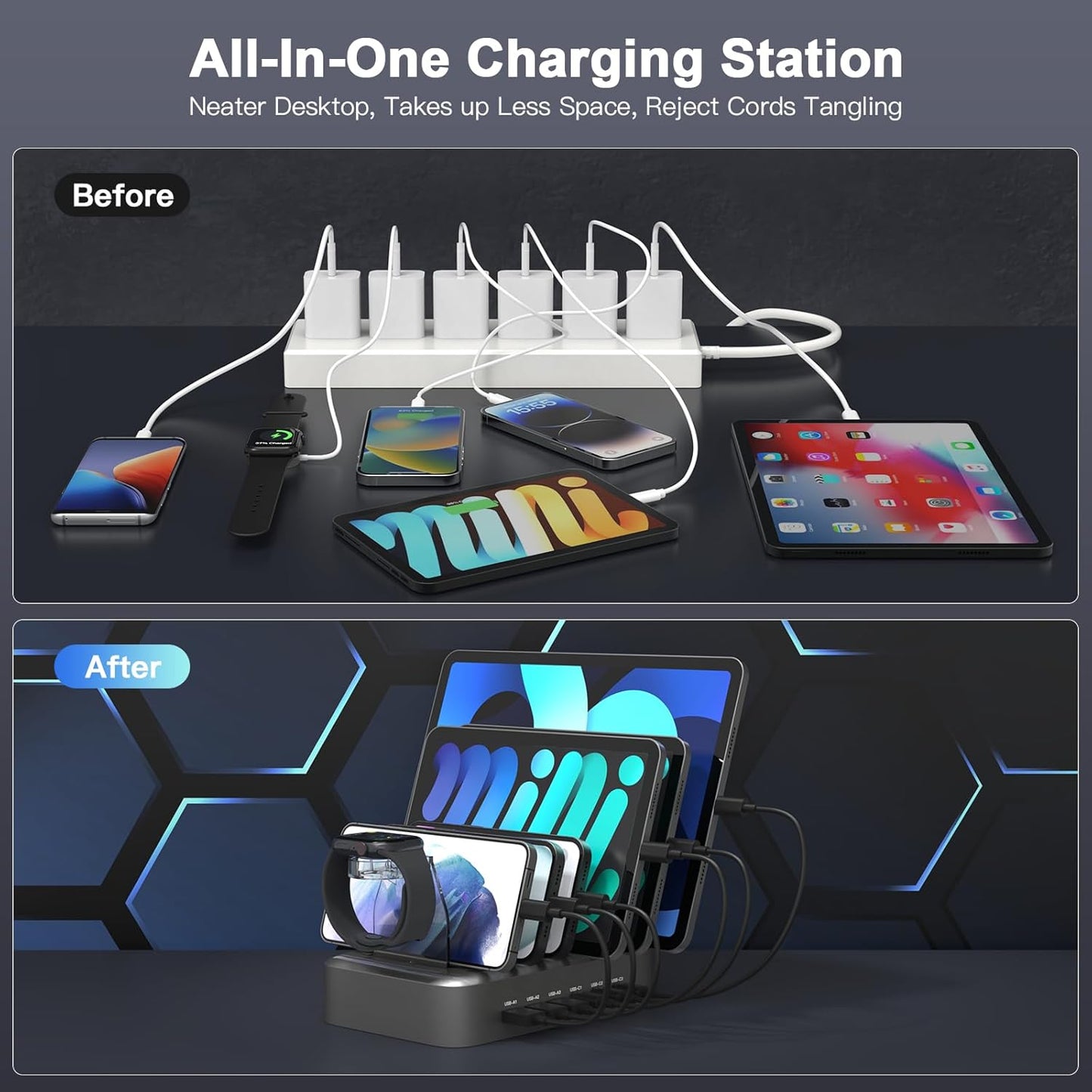 MSTJRY 90W 6-Port USB C Fast Charging Station for Multiple Devices, Multi PD Charger Station for iPhone iPad Tablet Phone, Charging Dock Organizer with Adjustable Dividers for Home Office Classroom