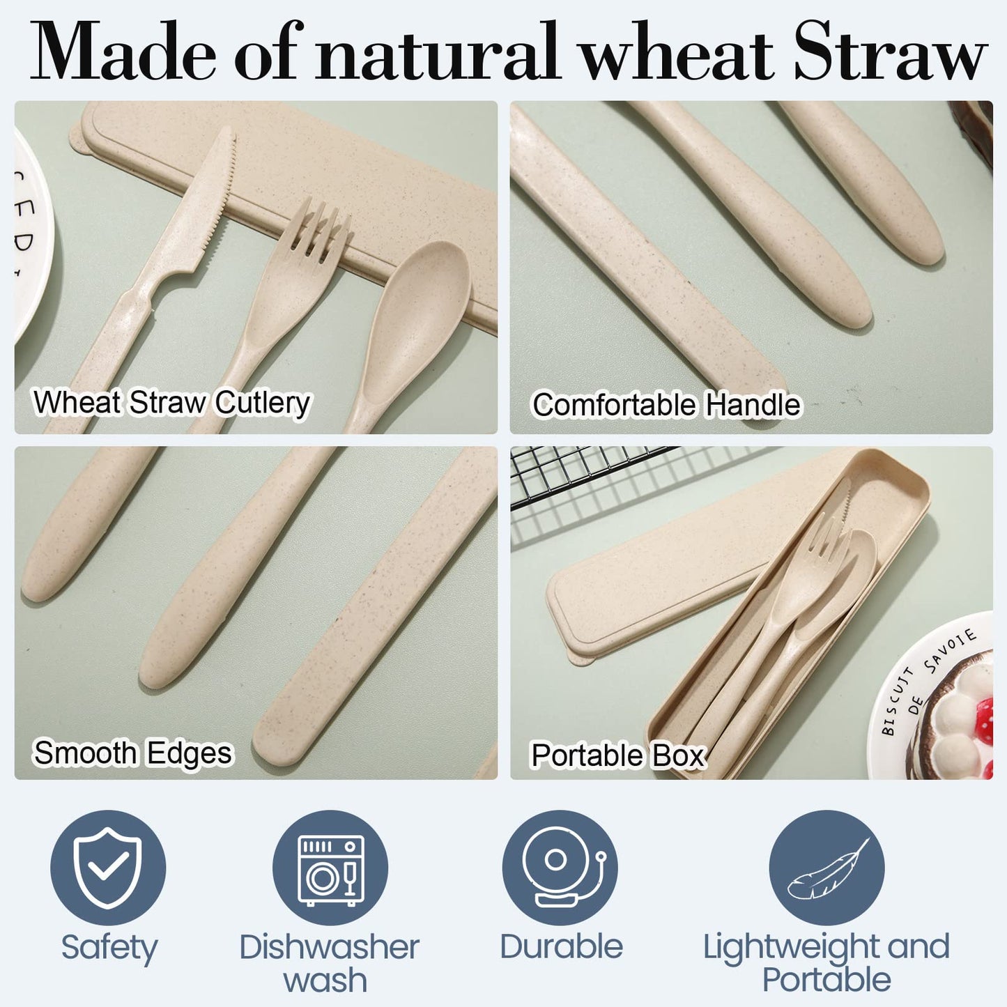 Yahenda 28 Sets Reusable Travel Utensils Set with Case Wheat Straw Cutlery Portable Spoon Knife