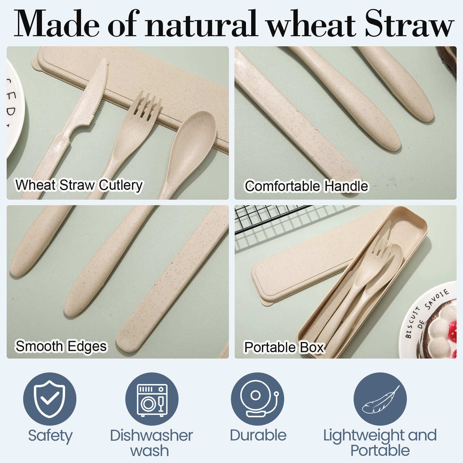 Yahenda 28 Sets Reusable Travel Utensils Set with Case Wheat Straw Cutlery Portable Spoon Knife
