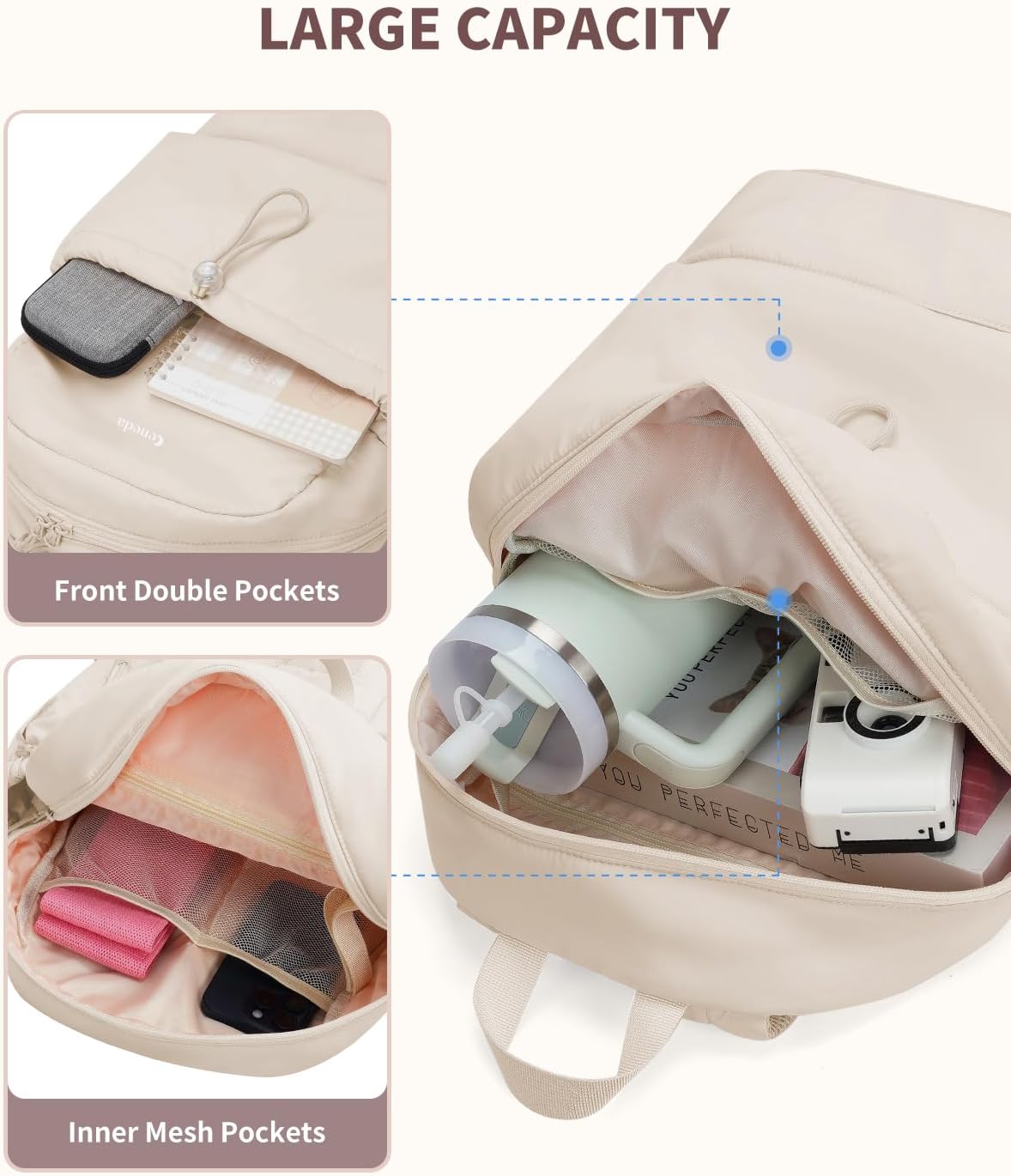Ceneda Gym Backpack for Women, Lightweight Puffer Backpack with Shoe Compartment, Wet Pocket & Tumbler Strap, Cute Daypack for Fitness, Daily Use & Travel (Beige)