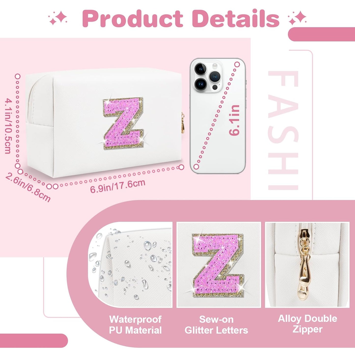 Small Initial Patch Makeup Bag Personalized Gifts Make Up Bag,White Cute PU Leather Glitter Letter Cosmetic Bag with Zipper,Trendy Portable Travel Toiletry Pouch,Preppy Stuff for Teen Girls Women Z