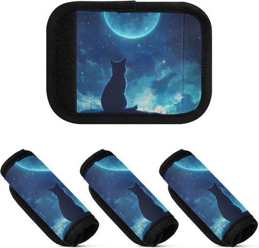 4Pcs Luggage Handle Wrap Suitcase Identifier Handle Covers Tags Soft Travel Bags Luggage Handle Gripper Accessories for Airplane Flying Cat Moon Blue