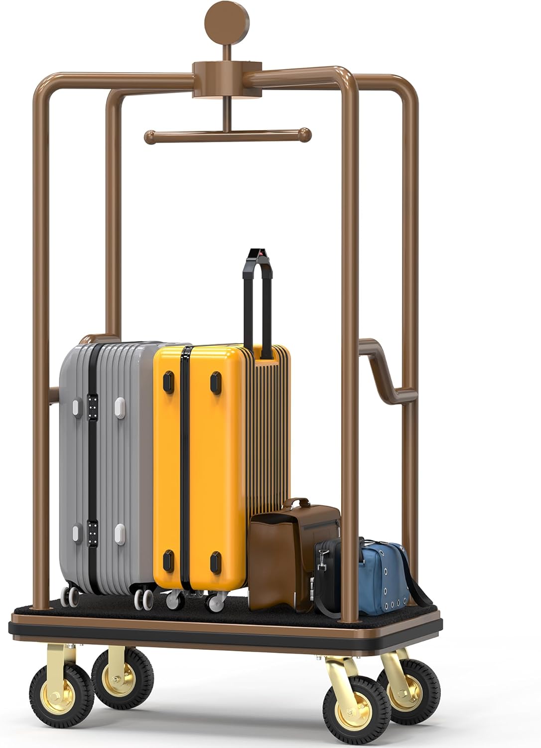 Hotel Luggage Cart,1500 lbs Bellman Trolley, 47"x25"x77" Brushed Stainless Steel, 8" Silent Rubber Pneumatic Wheels, Nylon Carpet Deck Bumper Rails – for Hotels, Resorts & Condos (Round top)