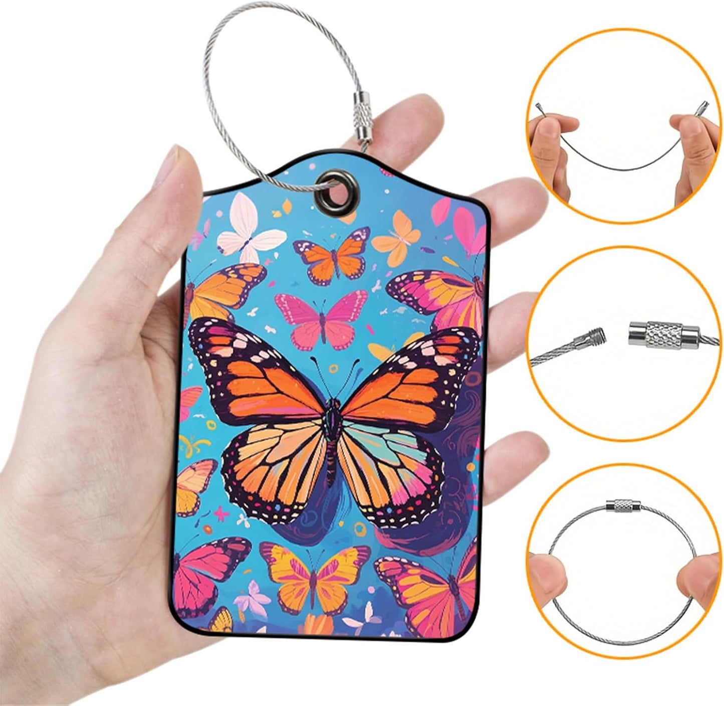 Butterfly Leather Luggage Tags for Suitcases, PU Cruise Ship Travel Bag Tags with Privacy Cover ID Label with Stainless Steel Loop for Women Men Girls Cute Backpack Gift 2 Pack (Blue)