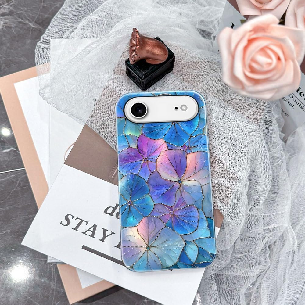 Case for iPhone 17 Air - Slim Fit Anti-Scratch Phone Case for Girl Women - Blue Hydrangea Floral Stained Glass Aesthetic (Glossy)