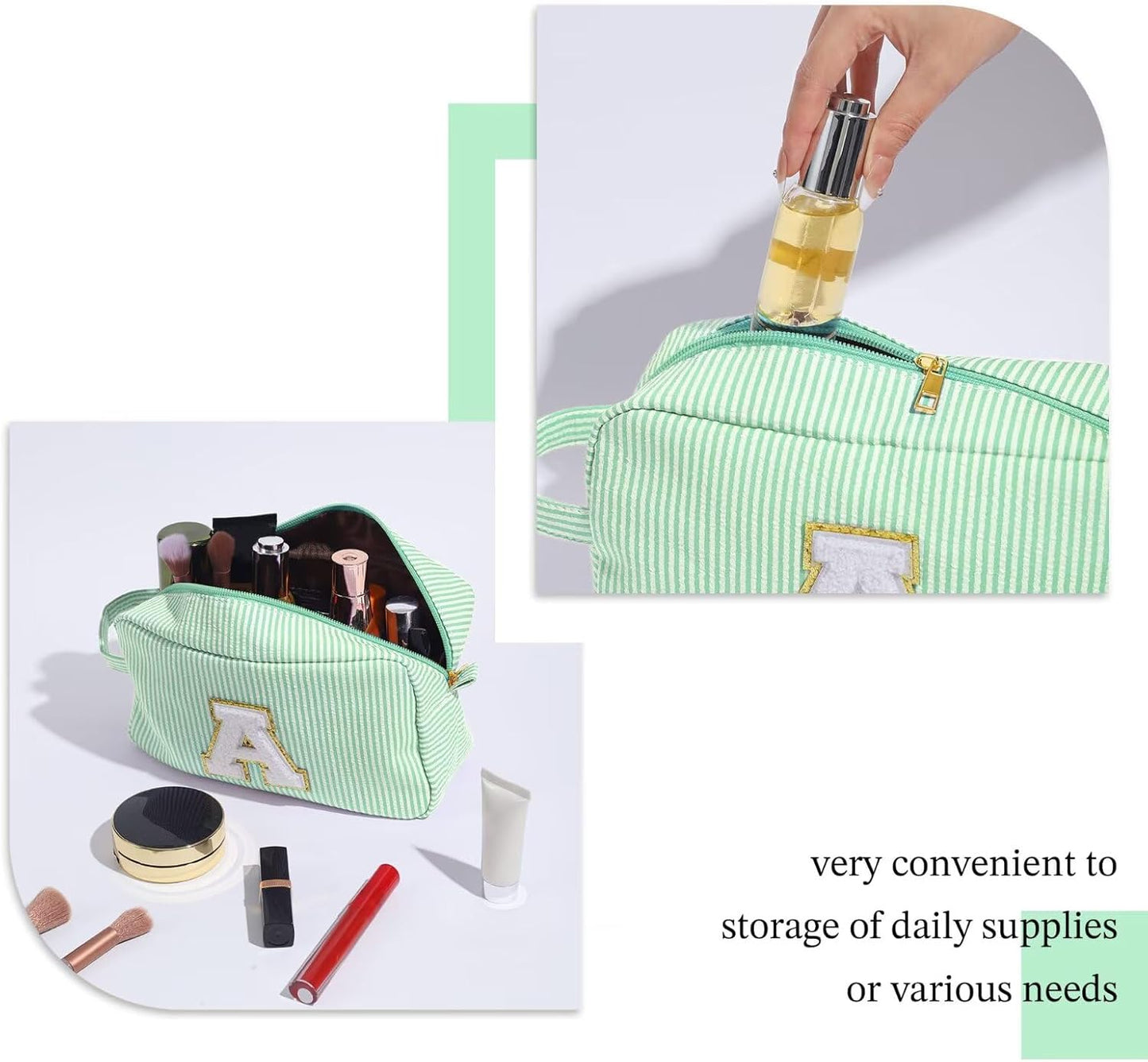 YOOLIFE Initial Makeup Bag Cosmetic Bag for Women, Travel Toiletry Bag, Cute Makeup Pouch Green M