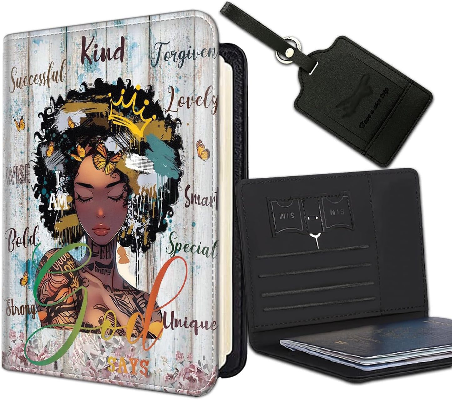 Passport Holder Women Wallet with Luggage Tag, Leather Passport Cover with RFID Blocking, Travel Accessories Multi Card Slot Passport Case for Men，African American Crown Girls