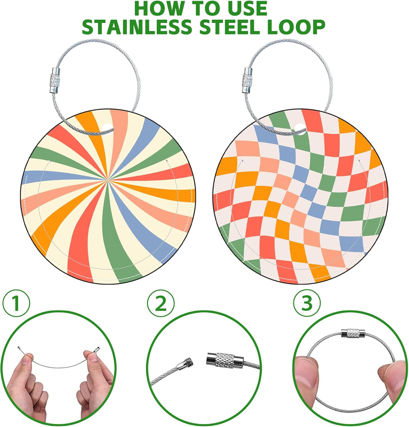 Round Cute Luggage Tags 2 Pack Colorful Abstract Retro Wavy Creative Baggage Tags,Cruise Travel Baggage Suitcases Tag with Stainless Steel Loop ID Tag Privacy Flap