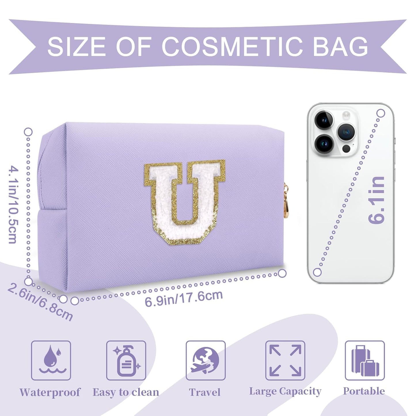 Personalized Makeup Bag Initial A-Z Preppy Patch Bag,Small PU Leather Travel Cosmetic Bag Pouch with Zipper,Purple Cute Toiletry Bag,Gift Ideal for Teen Girls Women Birthday Friend Mom,Latter U