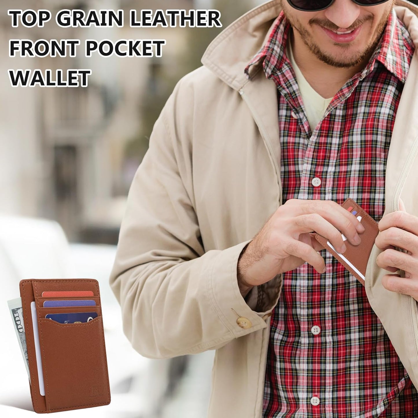 Pomelo Best Top Grain Genuine Leather Wallet for Men and Women, Slim Minimalist Front Pocket RFID Blocking Card Holder for Travel, Gifts, Brown