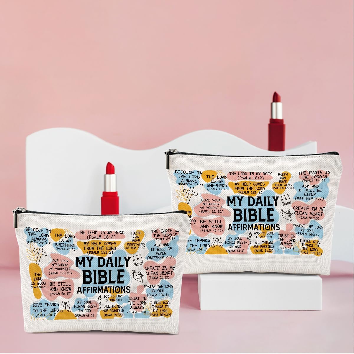 2PCS Daily Affirmations for Women Scripture Bible Verse Makeup Bag, Faith Christian Gifts for Women Mental Health Gifts for Female Sister Birthday Friendship Mothers Day Travel Toiletry Cosmetic Bag