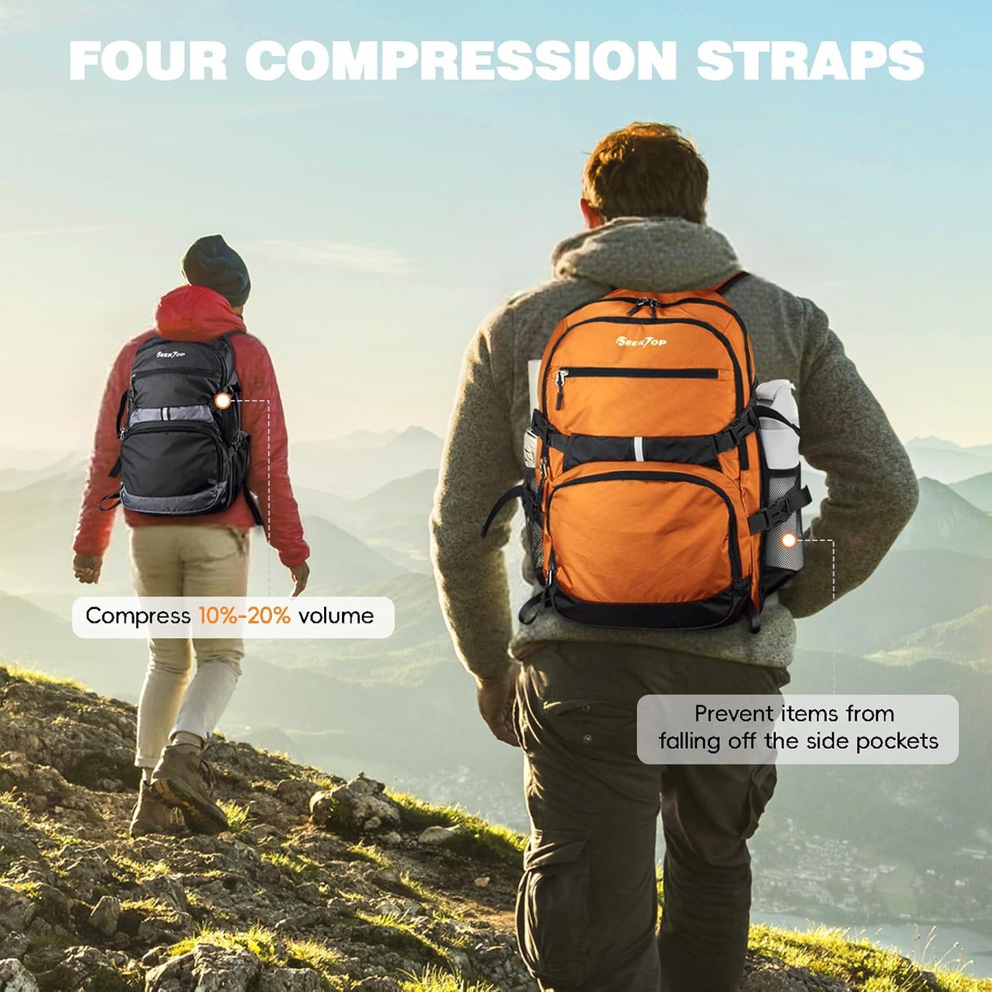 Seektop 40L Foldable Hiking Backpack for Women Men Lightweight Packable Travel Backpack Carry on Flight Approved for Outdoor Camping Sport Leisure (Orange)