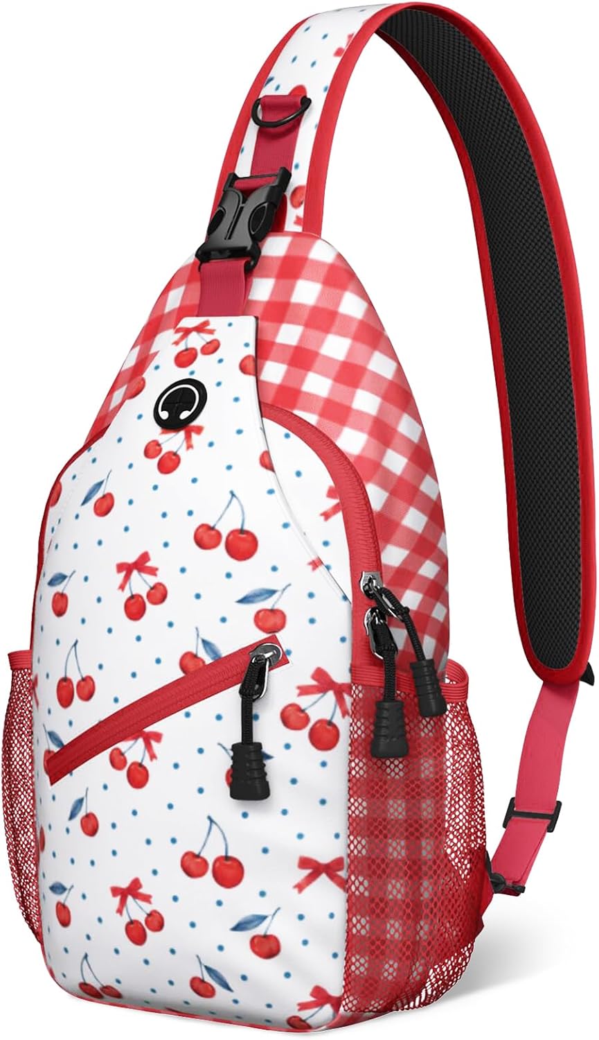 Red Cherry Plaid Sling Bag Crossbody Chest Bag for Women Men, Water Resistant Lightweight Casual Crossbody Bag with Adjustable Strap, Travel Hiking Daypack Shoulder Backpack