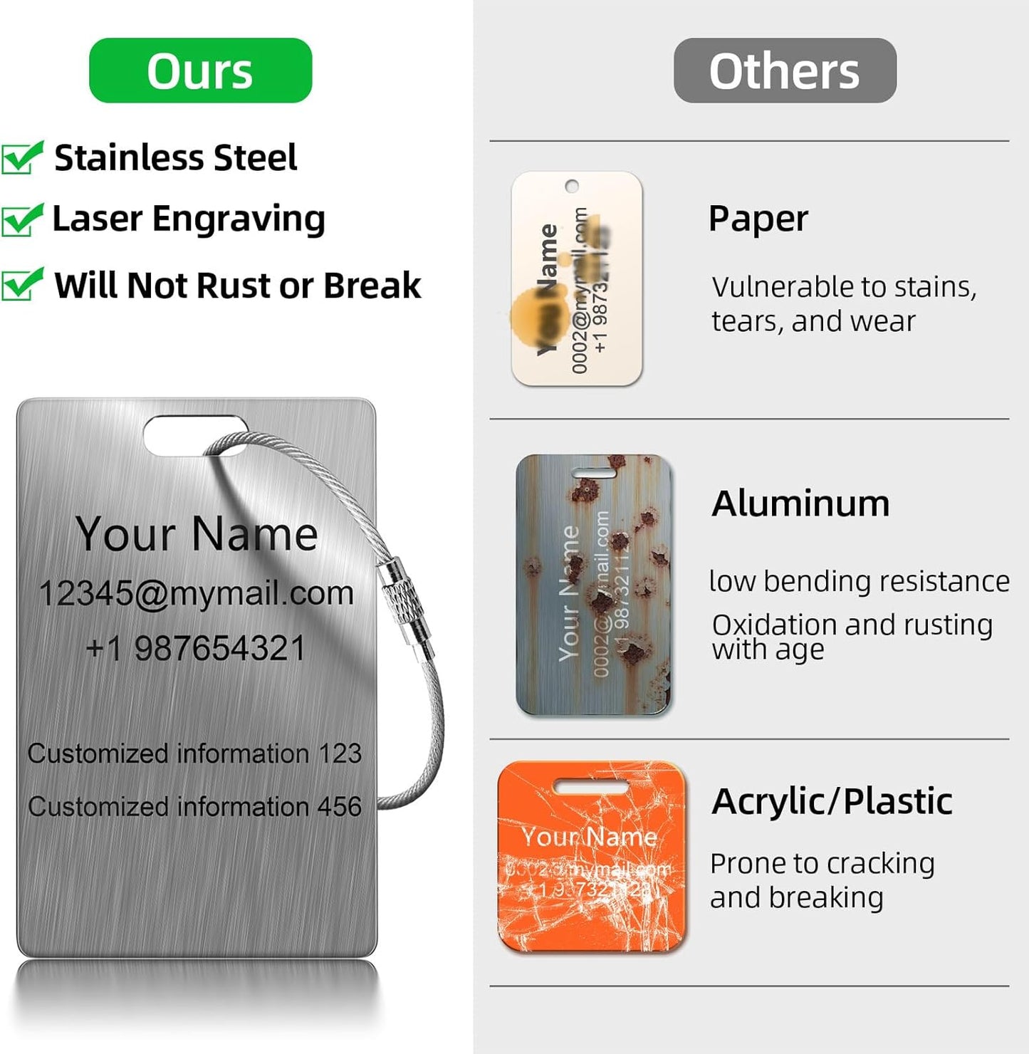3 Pack Personalized Luggage Tags for Suitcases and Backpacks - Stainless Steel Metal Unique Custom Traval Bag Name Tags for Kids, Women, Luggage, Baggage, Cute and Funny - Bulk Set (3 Pack)