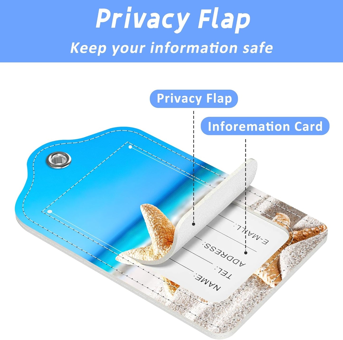 2 Pack Luggage Tags for Suitcase Sea Shells on The Seashore Leather Stainless Steel Loop Label Tags for Women Men Travel Bag Suitcase with Privacy Cover Name ID Card
