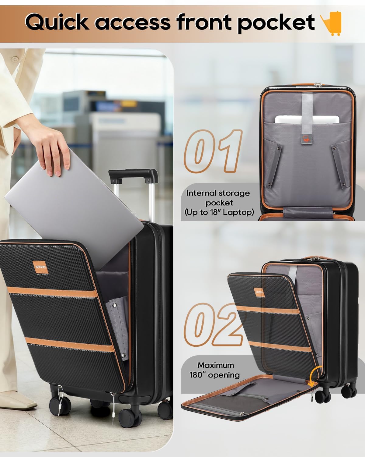 Joyway Carry on Luggage Airline Approved with Front Pocket, Hardside 20 Inch Travel Luggages with
