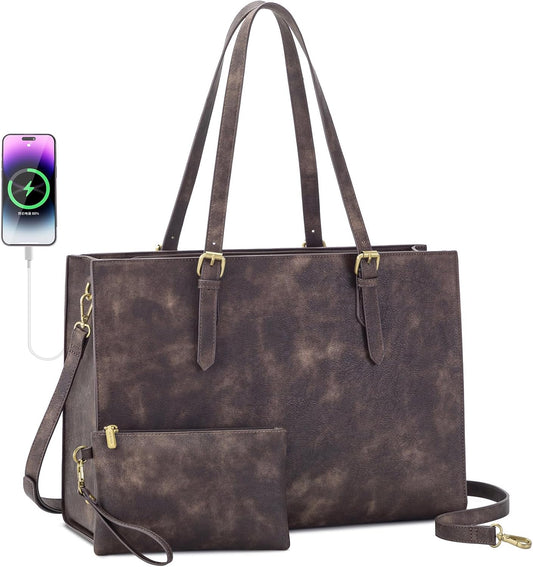 LOVEVOOK Laptop Bag for Women, 15.6 Inch Large Leather Computer Tote Bag with Cluth Purse for Business/Work/Travel/Office/Casual,Waterproof Shoulder Handbag Briefcase, Brownish Gray
