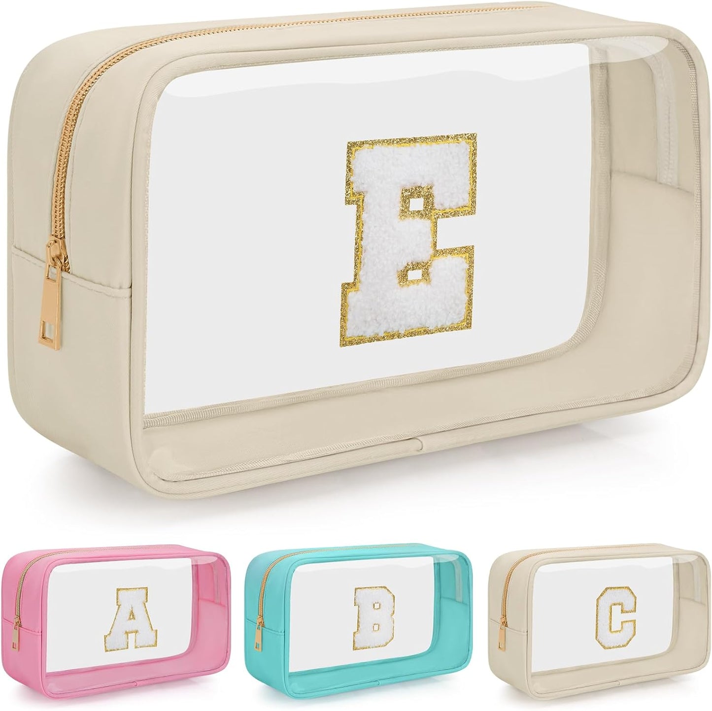 Personalized Initial Clear Makeup Bag, Travel Chenille Patch Cosmetic Bag, Preppy Toiletry Bag Monogram Cosmetic Pouch with Zipper, Ideal Gift for Teen Girls Women (Clear-Beige, E)