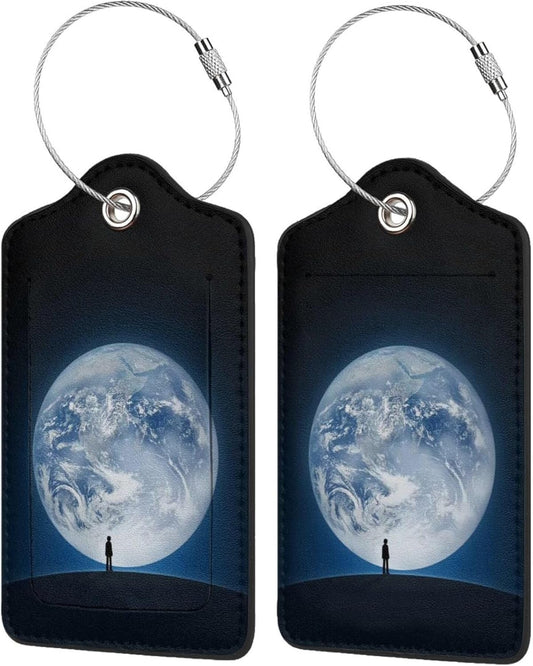 2 Pack Luggage Tags Earth WeChat Travel PU Cute Leather Luggage Tag Name ID Labels with Privacy Cover Suitcases Women Men Girls Boys Fun Laggage Tags(Wandering Earth)