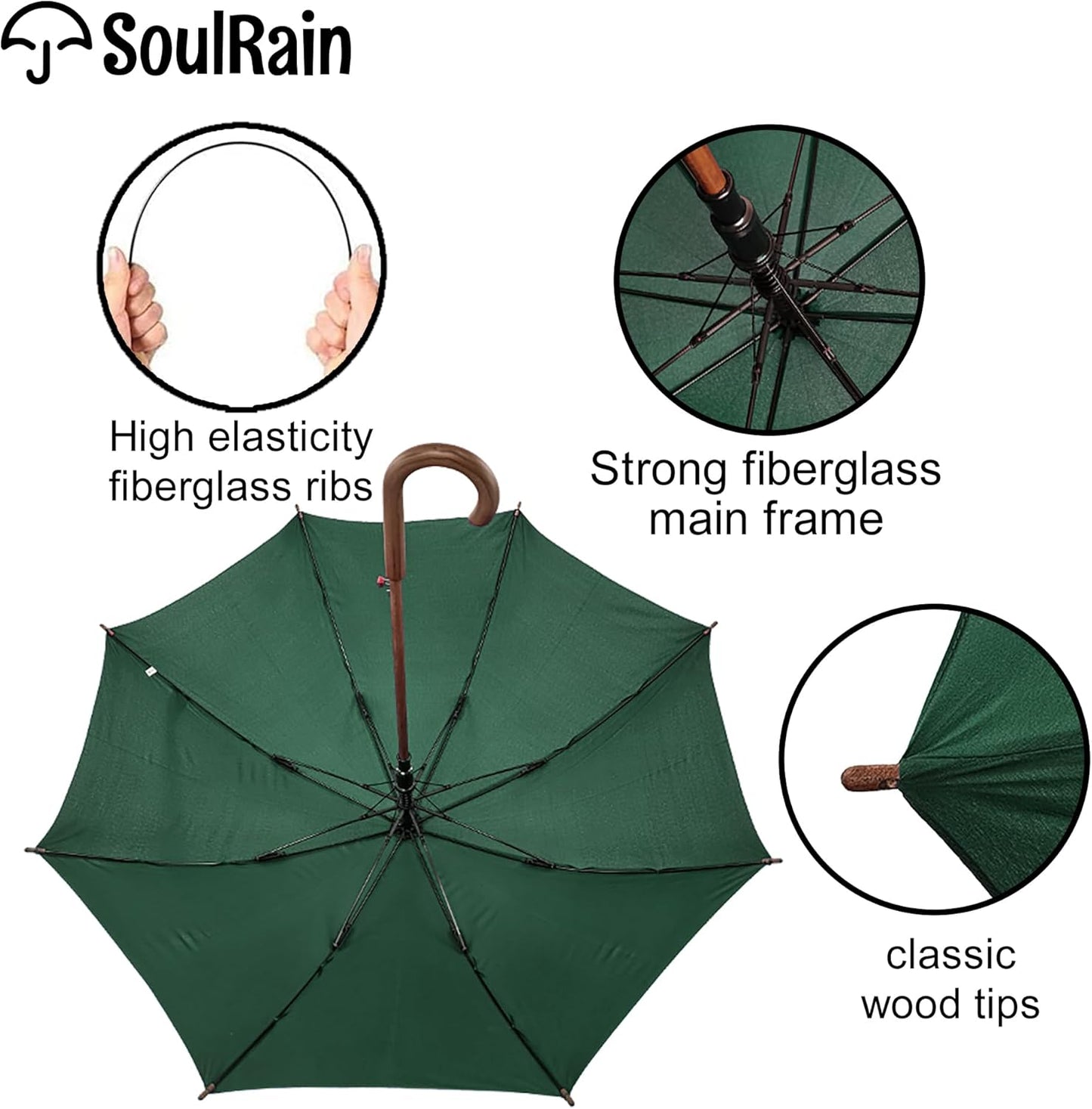SoulRain 48" Large Umbrella –Windproof Stick Umbrellas for Rain, Automatic Open, Vintage Cane green Umbrella with Classic Wooden Handle & Shaft,for Women & Men(Green)