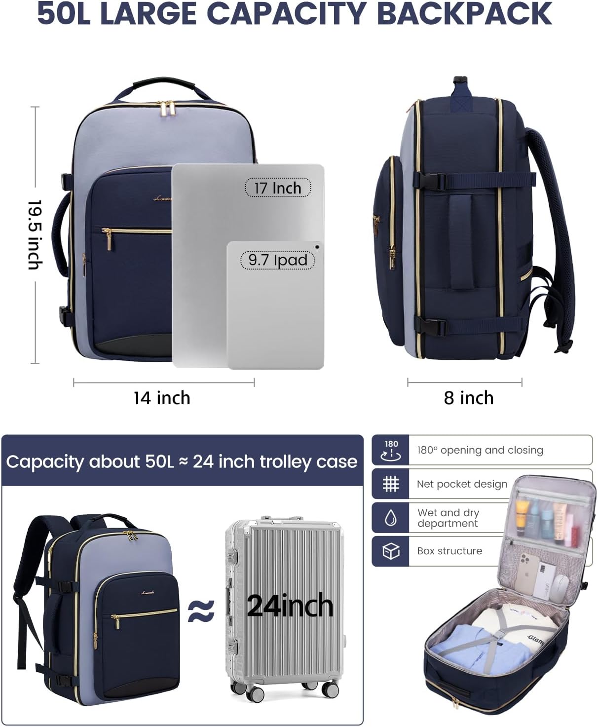 LOVEVOOK 50L Travel Backpack for Women & Men, Airline Approved Carry On Luggage with 3 Packing Cubes, TSA Overnight Bags, Waterproof Personal Item Bag, Weekender Essentials Backpacks fits 17" Laptop