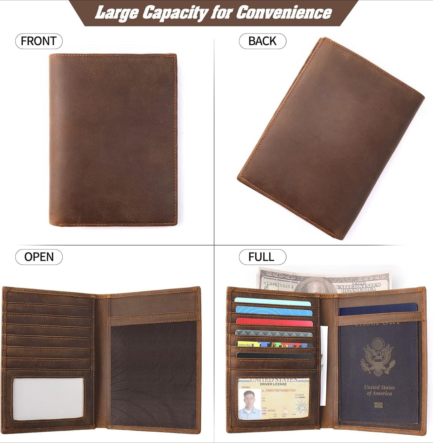 Genuine Leather Passport Holder, RFID Blocking Travel Wallet for Men & Women (Brown)