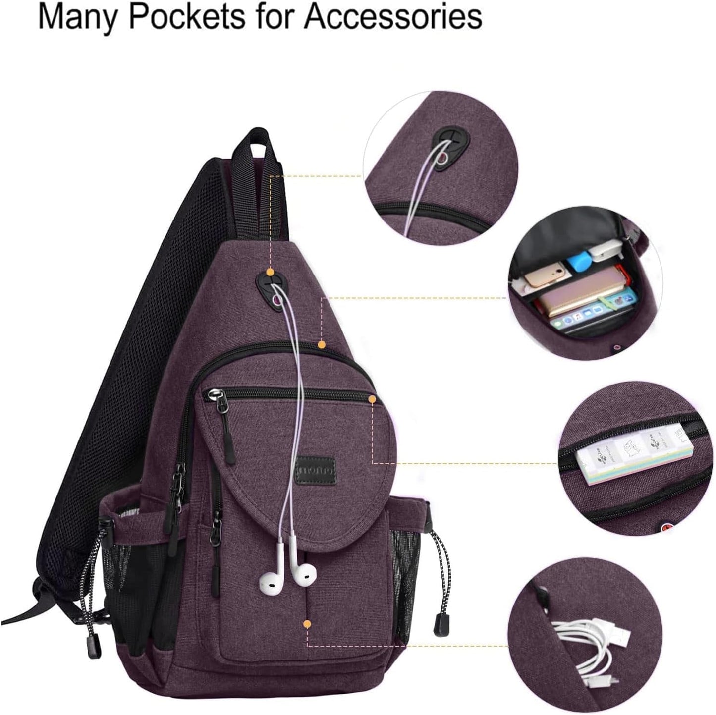 MOSISO Sling Backpack,Canvas Crossbody Hiking Daypack Bag with Anti-theft Pocket, Rose Brown