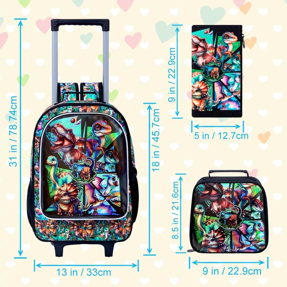 3PCS Rolling Backpack for Girls and Boys, Kids Roller Wheels Bookbag, Wheeled Elementary School Bag with Lunch Bag