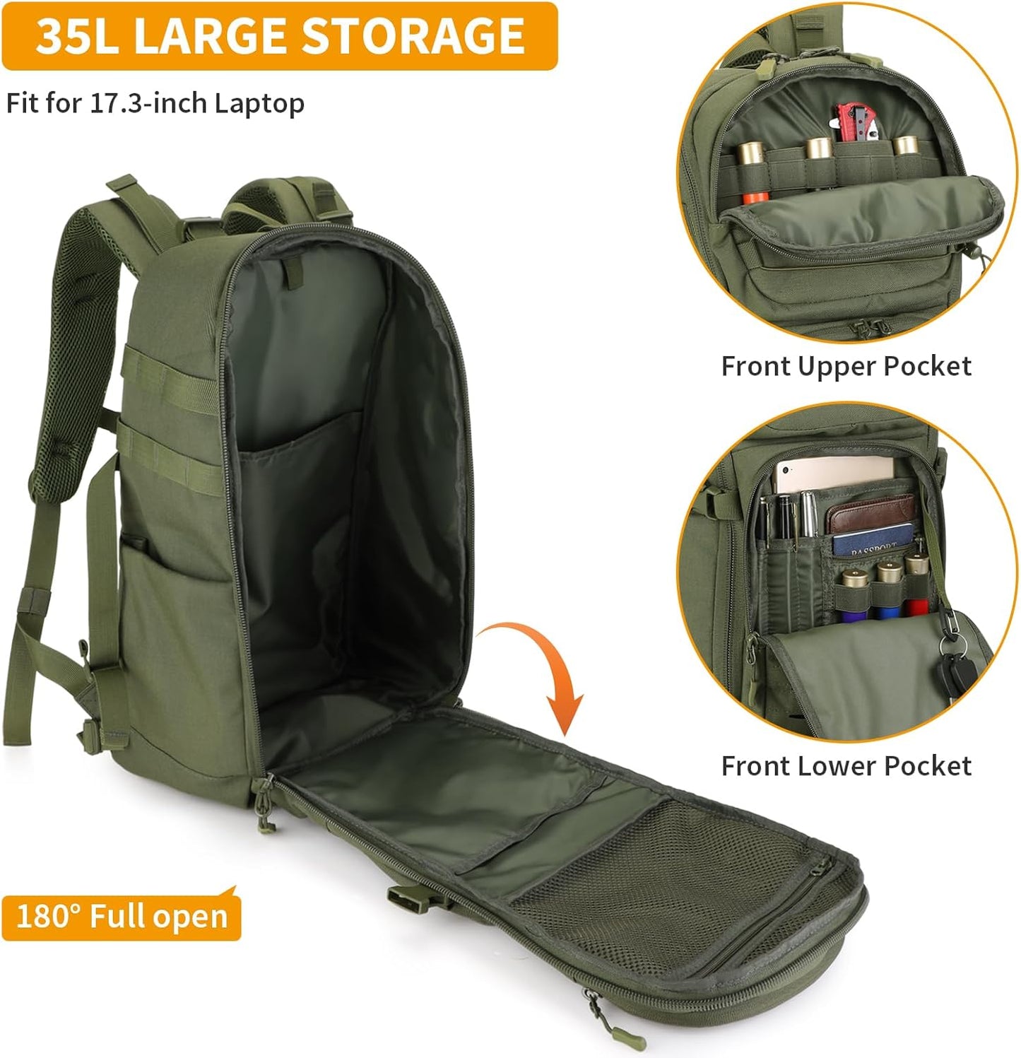 HUNTVP Tactical Backpack for Men 35L Military Backpack MOLLE 1000D Army Daypack 3 Day Bug Out Bag for Work Camping Hiking Outdoor, Army Green
