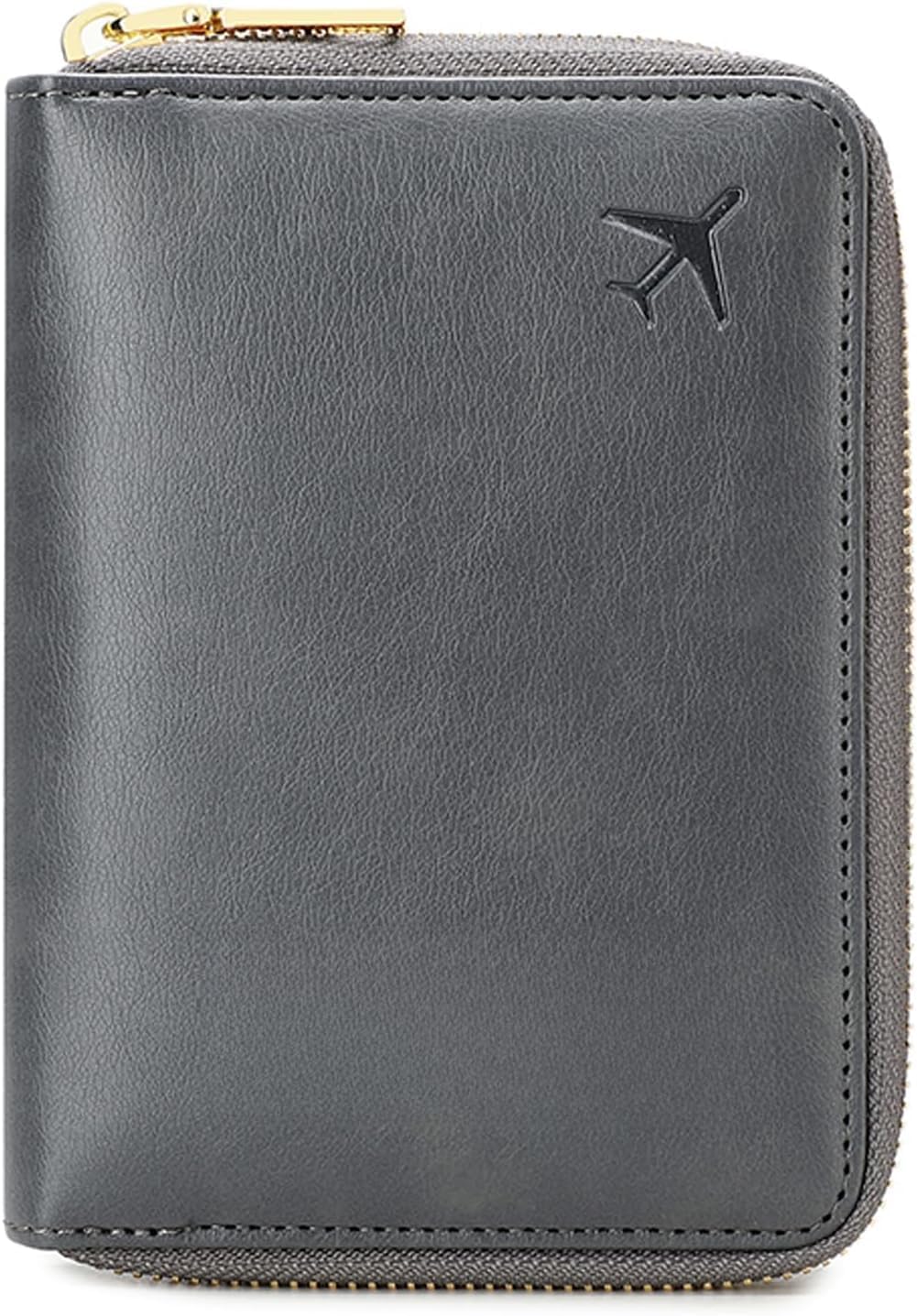 Genuine Leather Wallet Unisex Zipper Passport Holder RFID Blocking Waterproof - Vintage Travel Wallet (Grey)