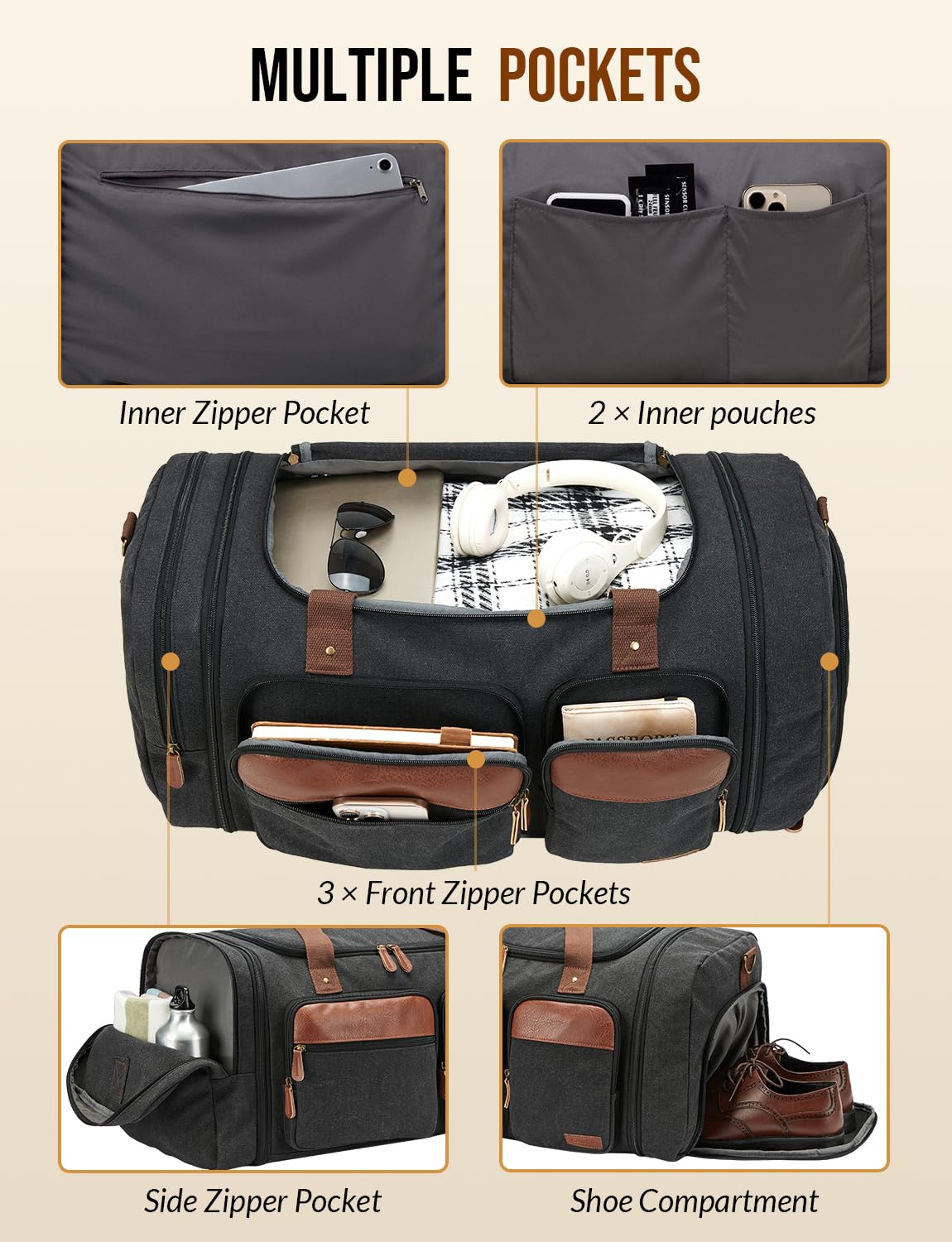 Celvetch Canvas Duffle Bag for Travel 50L Expandable, Dark Grey
