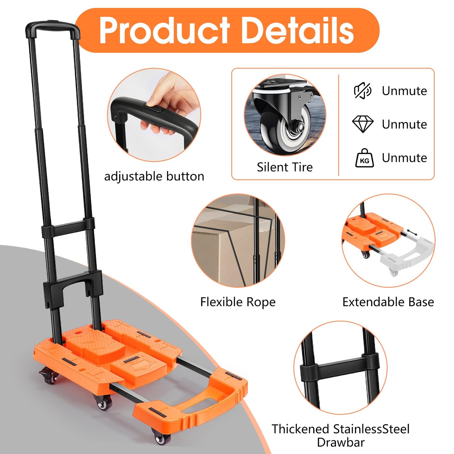 Voipvvii Folding Hand Truck500lbs, Portable Heavy Duty Dolly Cart, 6 Wheels Collapsible Luggage