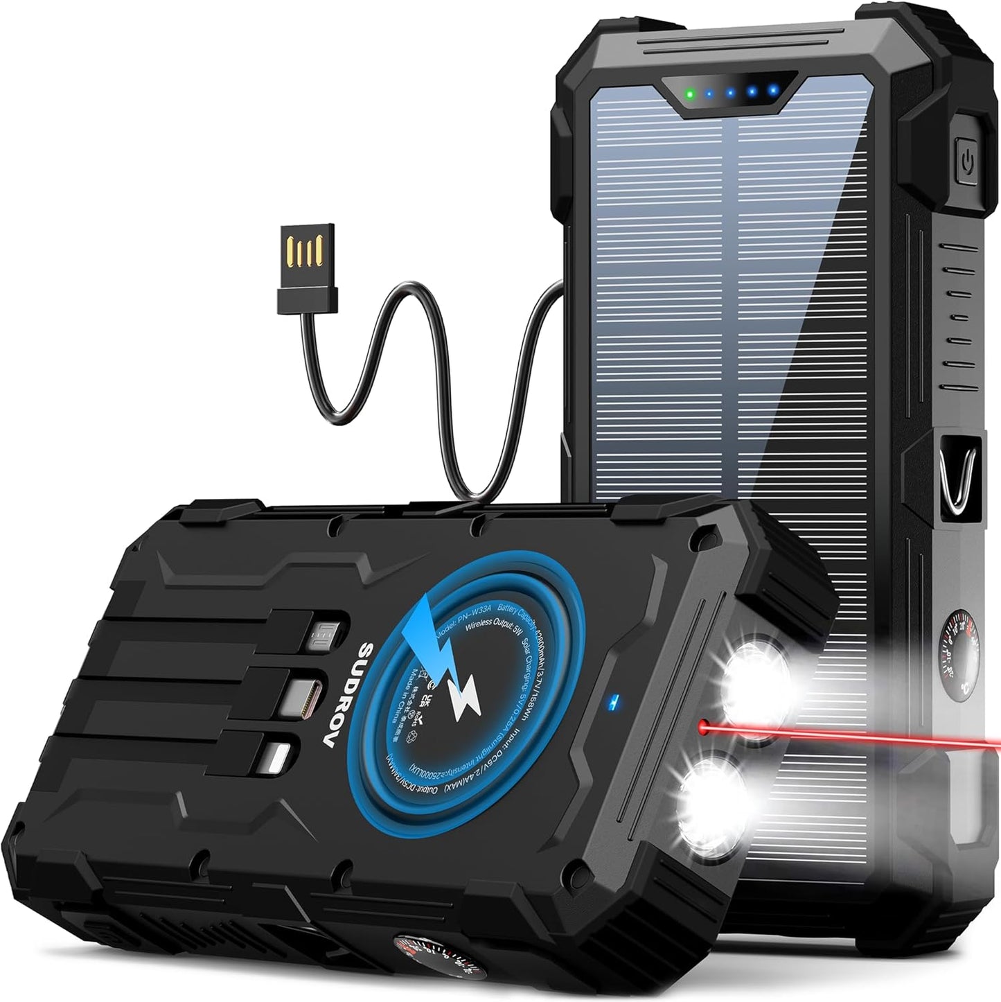 Solar Charger Power Bank, 42800mAh Wireless Portable Charger with USB-C in/Output, QC3.0 Fast Charging 15W 4 Ports Outdoor Battery Pack Built-in LED Flashlight, for iPhone, Galaxy, iPad etc