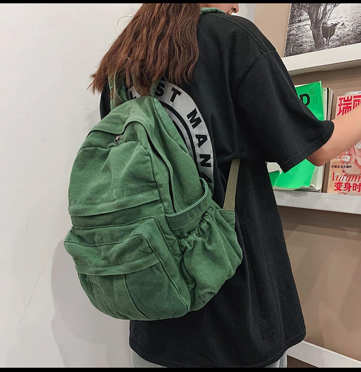 Phaoullzon Medium Canvas Laptop Backpack for Women, Girls Vintage Travel Daypack, Emerald green