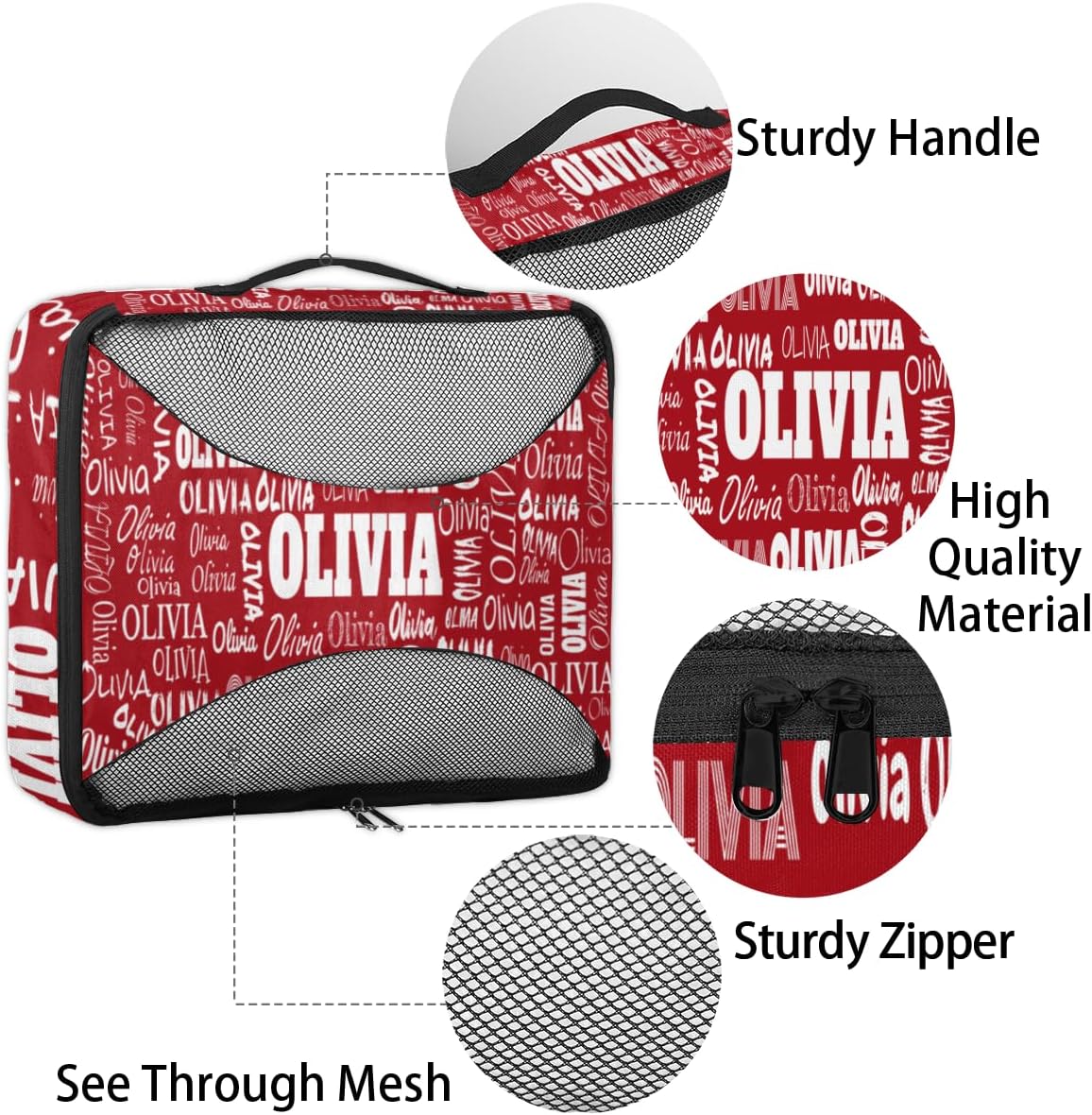 Custom Name 4 Pcs set travel luggage organizer Mesh Travel Essentials for Suitcases, Red
