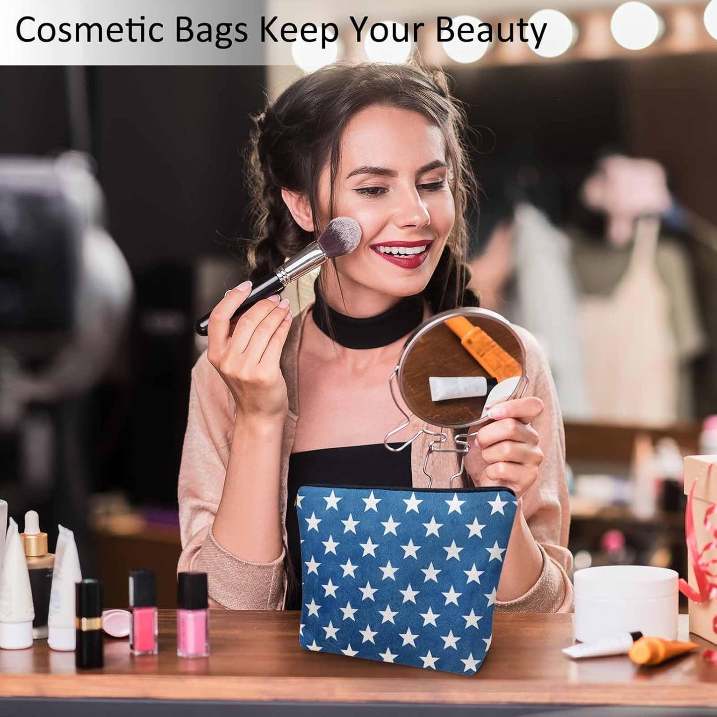 Makeup Bag USA Flag Stars Makeup Bags For Purse Pouch, Vintage American Flag Stars Navy Blue Travel Toiletry Bag Cosmetic Bag Makeup Bags Flax Makeup Organizer Bag Pencil Pouch For Man Woman
