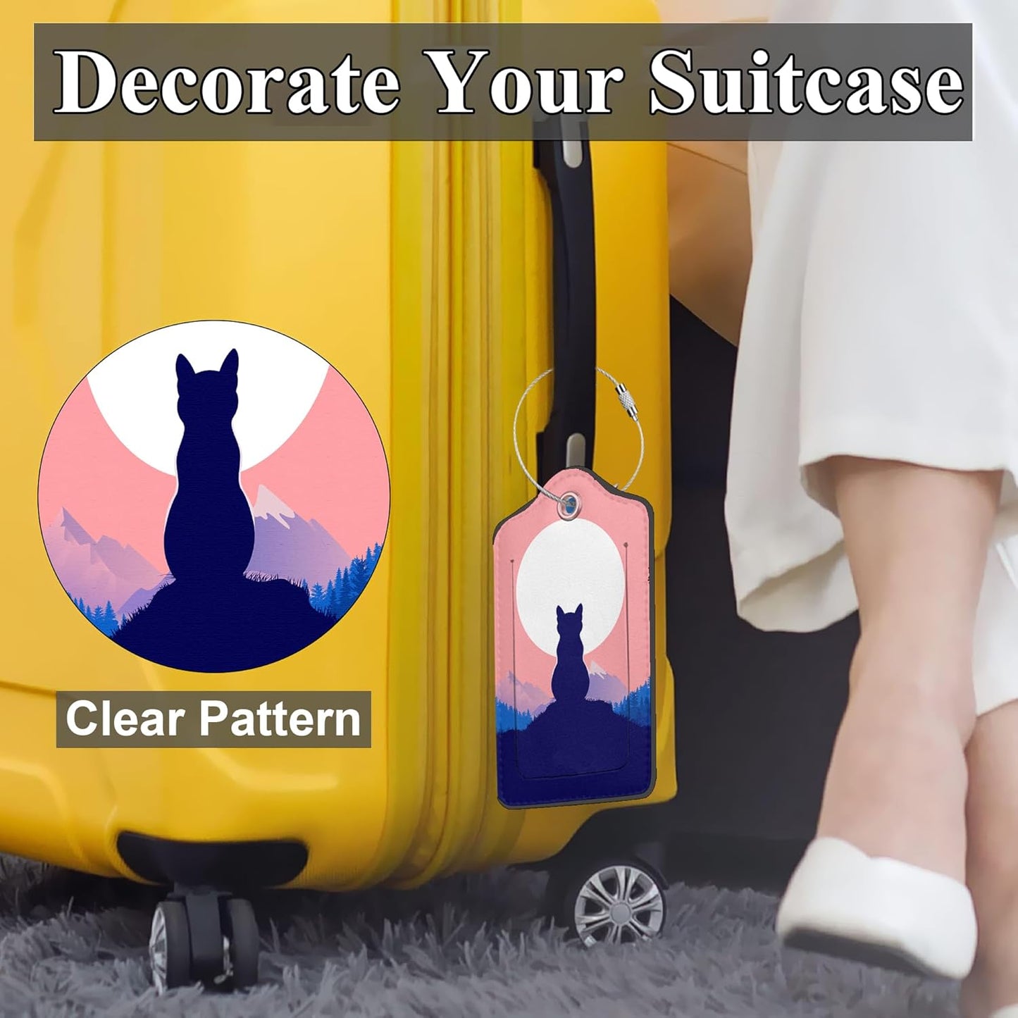 Black Cat The Night Sky 2 Pack PU Leather Luggage Tags for Suitcase, Calm Cat on Hilltop Travel Tag with Privacy Flap, Name ID Label and Metal Loop for Women Men Baggage